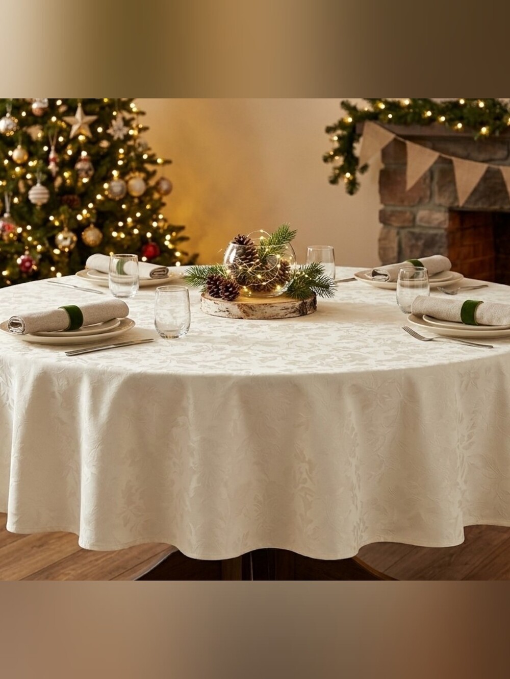 Vintage Cream Damask Round Tablecloth Large